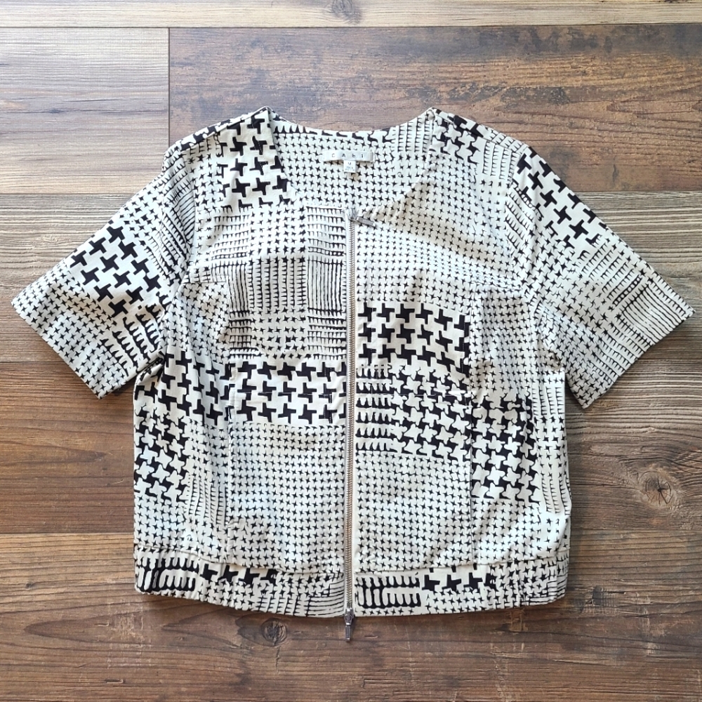 CAbi Black White Houndstooth Coupe Bomber Jacket Short Sleeve‎ Zip Womens M